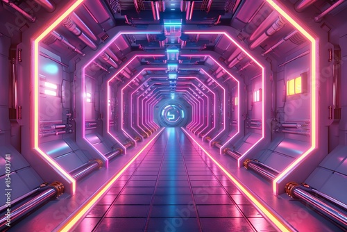 Futuristic neon-lit sci-fi corridor with vibrant pink and blue lighting, evoking a sense of technology and space travel.