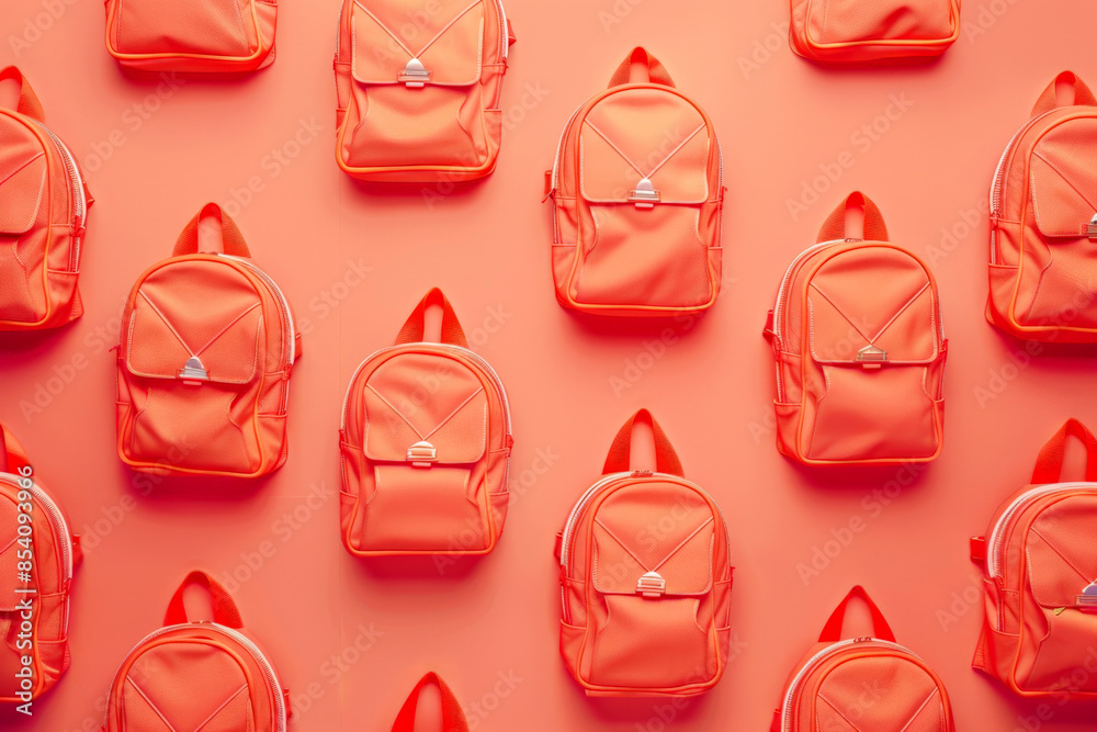 Multiple red backpacks evenly spaced on a bright orange background, creating an organized pattern Multiple red backpacks evenly spaced on a bright orange background, creating an organized pattern