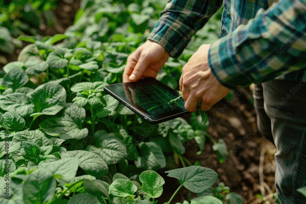 Fototapeta premium A person sitting in a field holding a tablet computer, possibly working or playing
