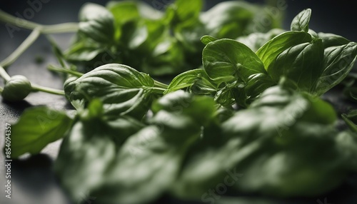 Basil leaves are arranged amongst other fresh greens for a visually appealing display.