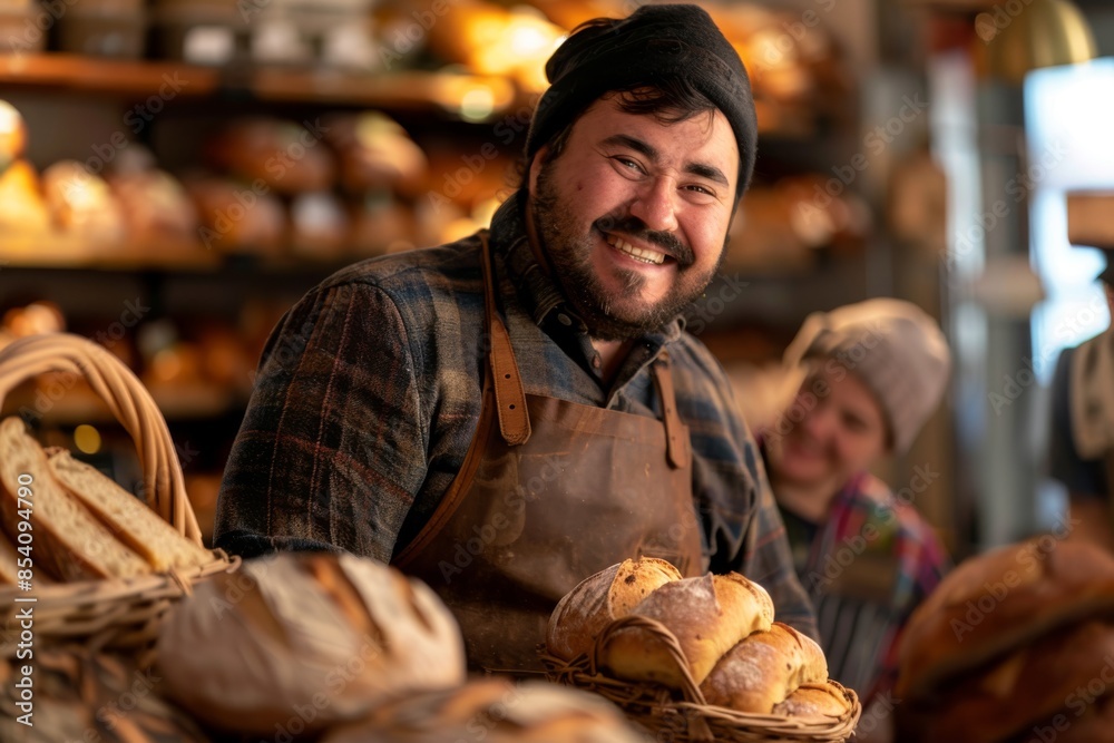 Smiling baker holding basket of bread. Artisan baking and small business concept. Smiling baker holding basket of bread. Artisan baking and small business concept.
