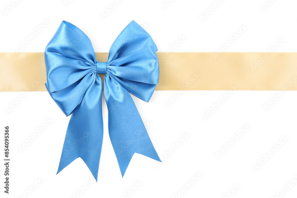 Beige satin ribbon with blue bow isolated on white, top view