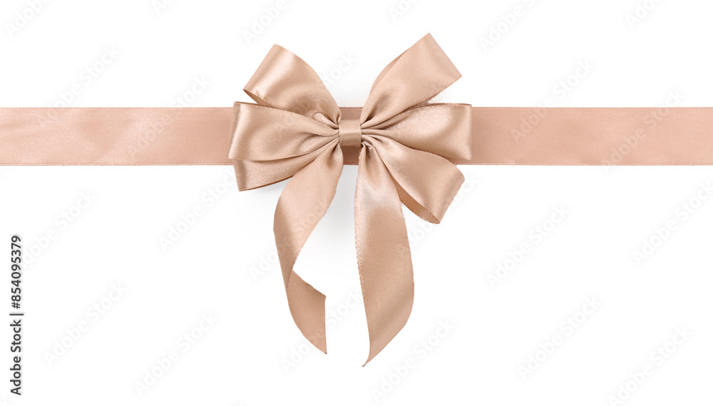 Golden satin ribbon with bow isolated on white, top view Golden satin ribbon with bow isolated on white, top view