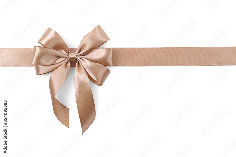 Golden satin ribbon with bow isolated on white, top view Golden satin ribbon with bow isolated on white, top view