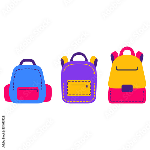 Fashion pop art style.Backpack 90s retro elements set.Vintage nineties vibes aesthetic.Hacking and camping backpack sticker.Back to school.