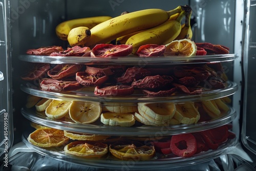 A basket of bananas and various food items placed in a microwave for reheating photo