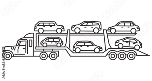 Car carrier truck.Car-carrying trailer. Truck carrying new cars. Auto transporter.Freight flatcar.A tractor unit with a car carrier.Truck delivery from factory .Outline vector illustration.