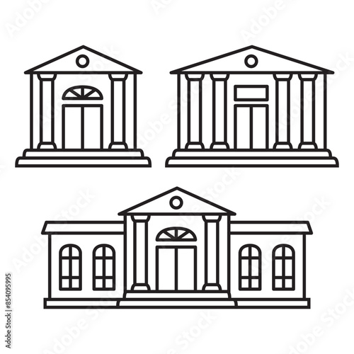 Set museum line icon.Classic greek architecture.Outline vector illustration.Isolated on white background.Government and education buildings.City hall building.Web line icon.Bank building.