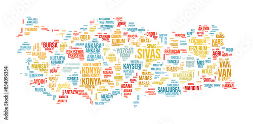 Turkey word cloud. Country shape with region division. Turkey typography style image. Region names tag clouds. Vector illustration.