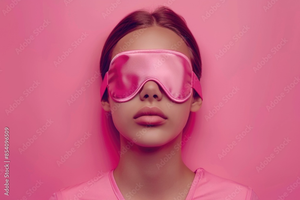 A woman is seen wearing a pink eye mask, possibly indicating a need for rest or relaxation A woman is seen wearing a pink eye mask, possibly indicating a need for rest or relaxation