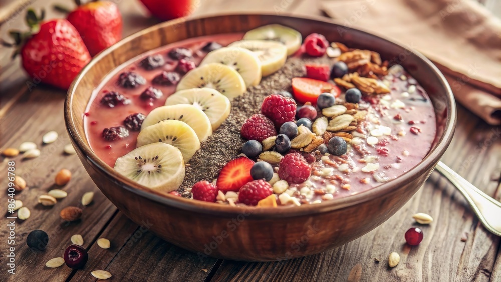 A vibrant smoothie bowl topped with an assortment of fruits, nuts, and seeds, arranged beautifully for a healthy breakfast. A vibrant smoothie bowl topped with an assortment of fruits, nuts, and seeds, arranged beautifully for a healthy breakfast.