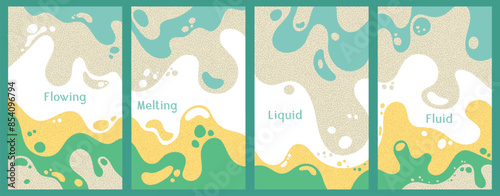 Melting vibrant waves pattern summer front pages. Bubble splashes and streams vector pack box covers