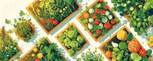 Top view of a collection of vibrant vegetable gardens in wooden containers, showcasing leafy greens, tomatoes, and various fresh produce.