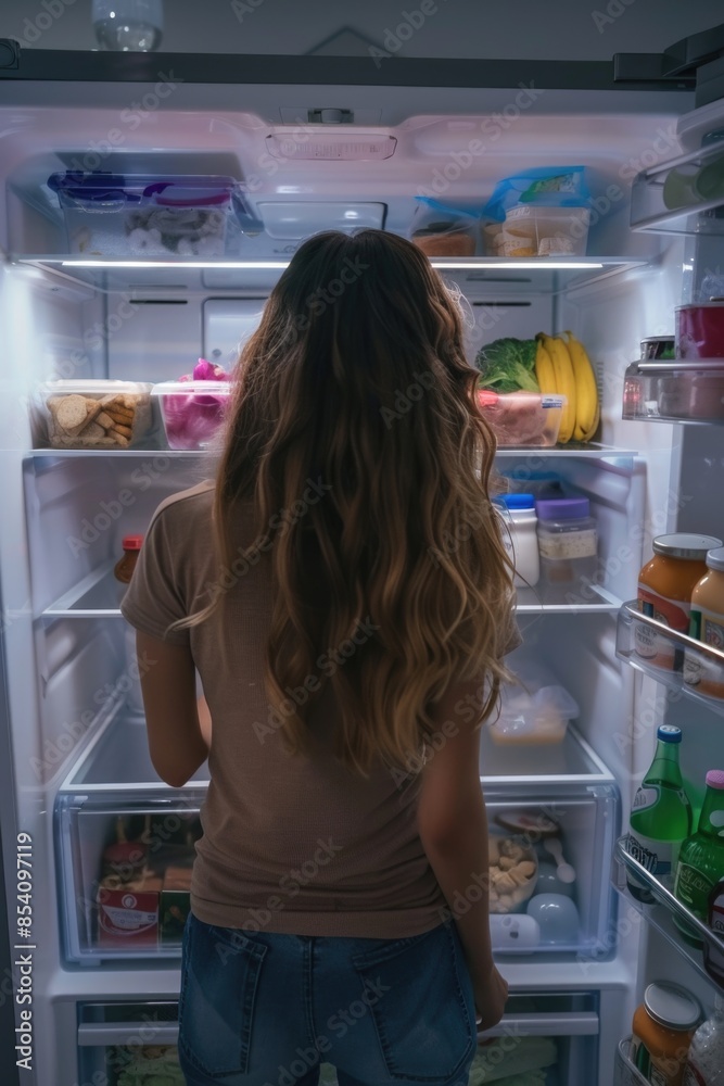 A woman stands in front of an open refrigerator, offering a glimpse into her daily routine A woman stands in front of an open refrigerator, offering a glimpse into her daily routine