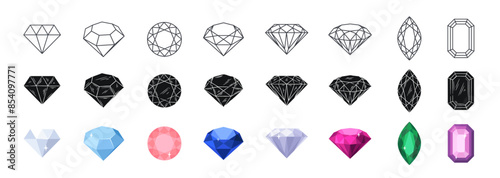 Set of different gemstones icons. Linear, black and white and color symbols of jewelry precious stones, diamond, rubies and luxury crystal. Outline flat vector collection isolated on white background