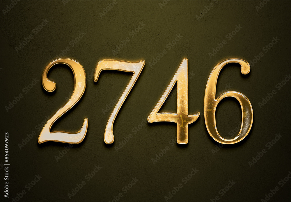 Old gold effect of 2746 number with 3D glossy style Mockup.	
