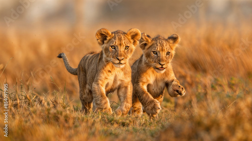 Two cute lion cubs running through the african savannah