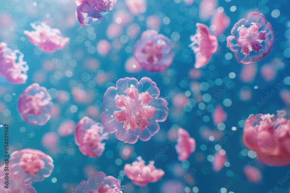 A group of jellyfish floating in the ocean or sea, suitable for use in scenes about marine life, underwater exploration, or environmental conservation A group of jellyfish floating in the ocean or sea, suitable for use in scenes about marine life, underwater exploration, or environmental conservation