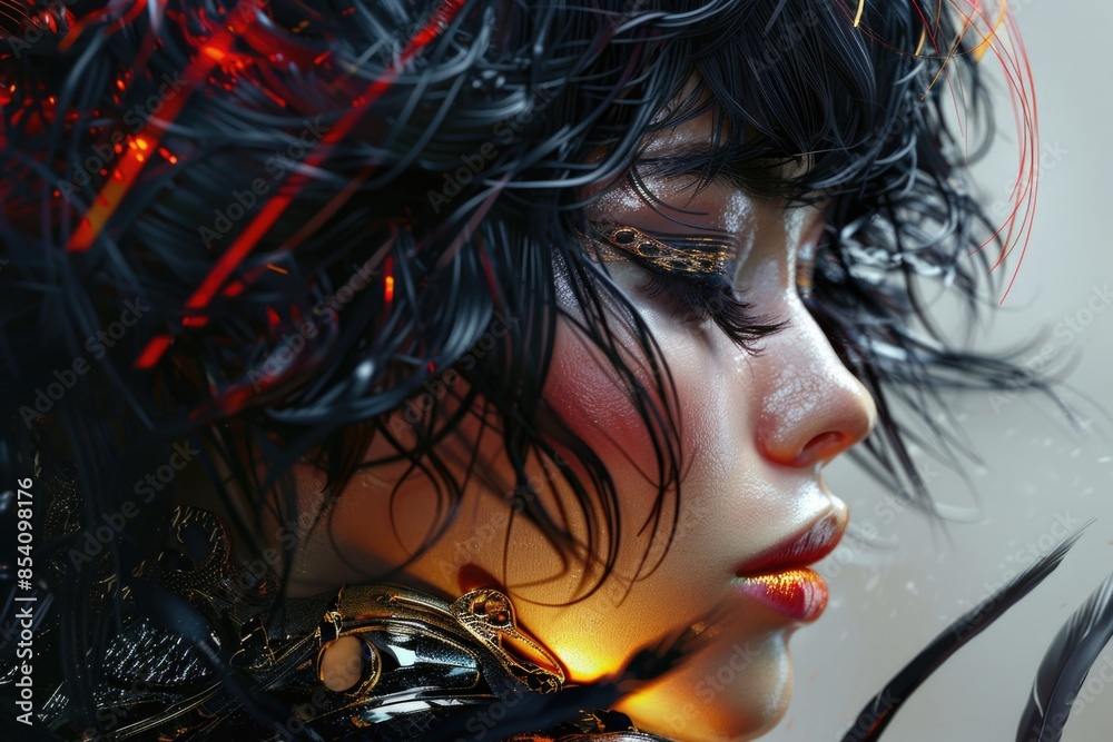 Naklejka premium A close-up shot of a woman with black hair and unknown facial expression
