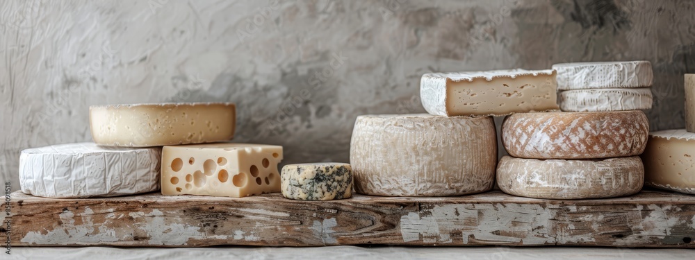 Various cheeses arranged high on a wooden table against a gray wall backdrop Various cheeses arranged high on a wooden table against a gray wall backdrop