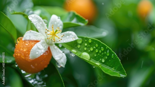 Blooming orange blossom following a rainfall