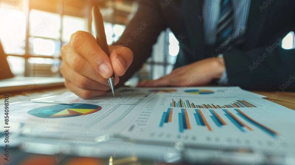A Financial Expert Analyzing Business Reports and Financial Charts in a Modern Corporate Office A Financial Expert Analyzing Business Reports and Financial Charts in a Modern Corporate Office