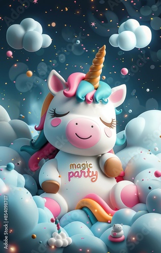 Cute 3D cartoon unicorn invitation card with words: magic party, children's birthday invitation card, newborn celebration invitation,
