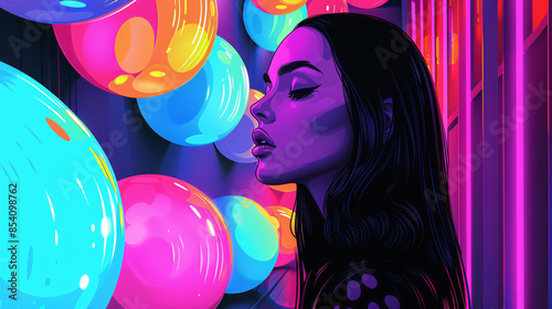 Person surrounded by colorful glowing spheres in a vibrant, dreamy setting. photo
