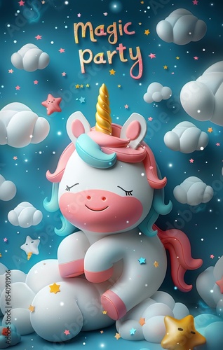 Cute 3D cartoon unicorn invitation card with words: magic party, children's birthday invitation card, newborn celebration invitation,