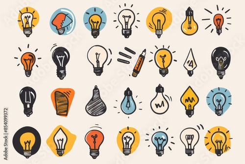 Graffiti light bulbs, lamp icon silhouettes set, lightbulbs isolated, doodle sketched bulbs, creativity idea
