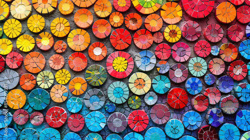 Colorful array of paper umbrellas viewed from above, vibrant and patterned. photo
