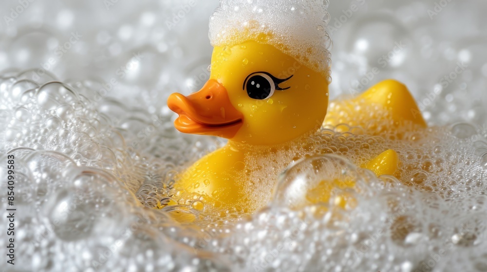 A tight shot of a rubber ducky submerged in a bathtub, surrounded by water droplets and foamy edges A tight shot of a rubber ducky submerged in a bathtub, surrounded by water droplets and foamy edges
