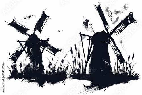 Windmill mill icon, rural countryside mill symbol, graffiti spray wind mill building emblem on white © artemstepanov