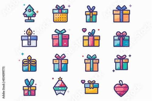Gift box flat icon set, giftbox silhouettes, congratulation present minimal logo, shopping symbol