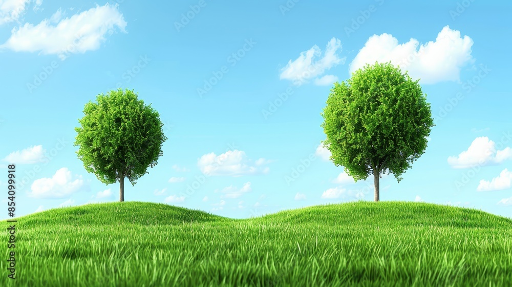 Two trees on a grassy hill against a backdrop of a blue sky with scattered clouds Two trees on a grassy hill against a backdrop of a blue sky with scattered clouds