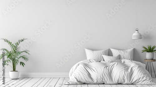  A bed with white sheets and pillows in a room A potted plant adorns the bedside photo