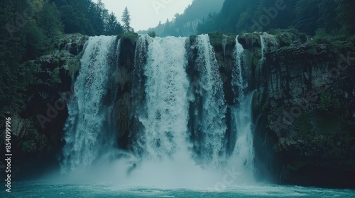  A sizable waterfall, situated in the heart of a water body, is framed by a backdrop of a dense forest on a foggy day