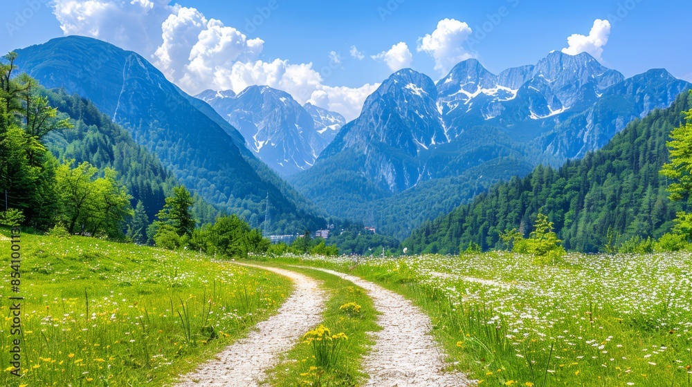 A dirt path through a field, flanked by wildflowers, leads to a mountain range in the backdrop A dirt path through a field, flanked by wildflowers, leads to a mountain range in the backdrop