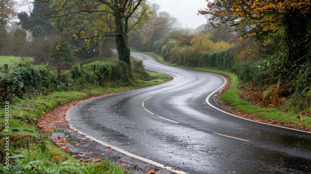 A curved wet road flanked by trees on both sides A curved wet road flanked by trees on both sides