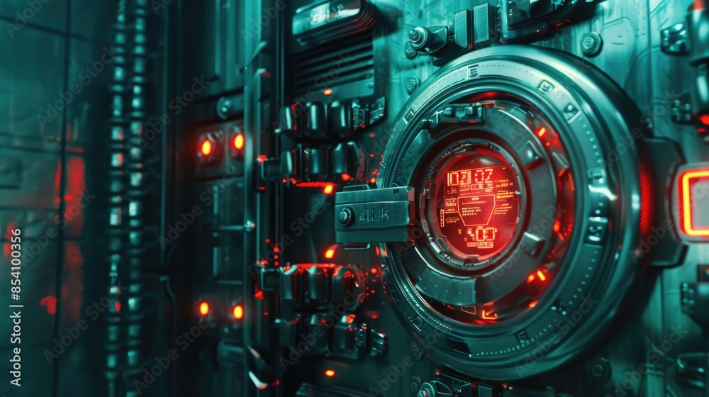 Fototapeta premium A close-up view of a machine with bright red lights shining brightly