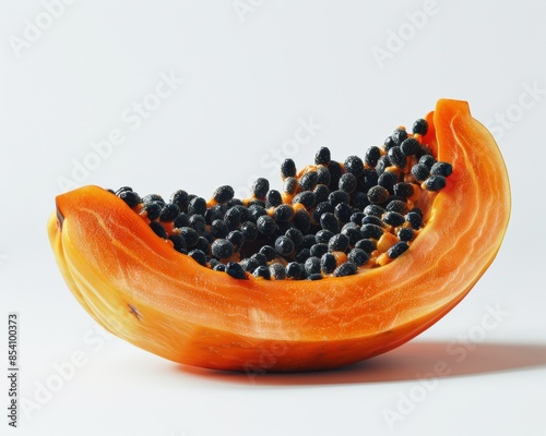 Sliced ripe papaya with black seeds on a white background, showcasing its vibrant orange color and fresh texture. photo