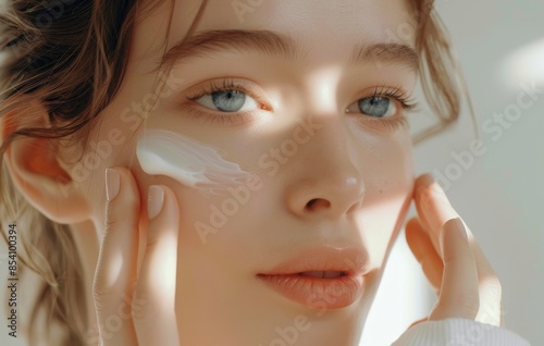 Close up of young beautiful female model applying face cream, skin care product advertisement, female model applying sunscreen, skin care and skin care ads