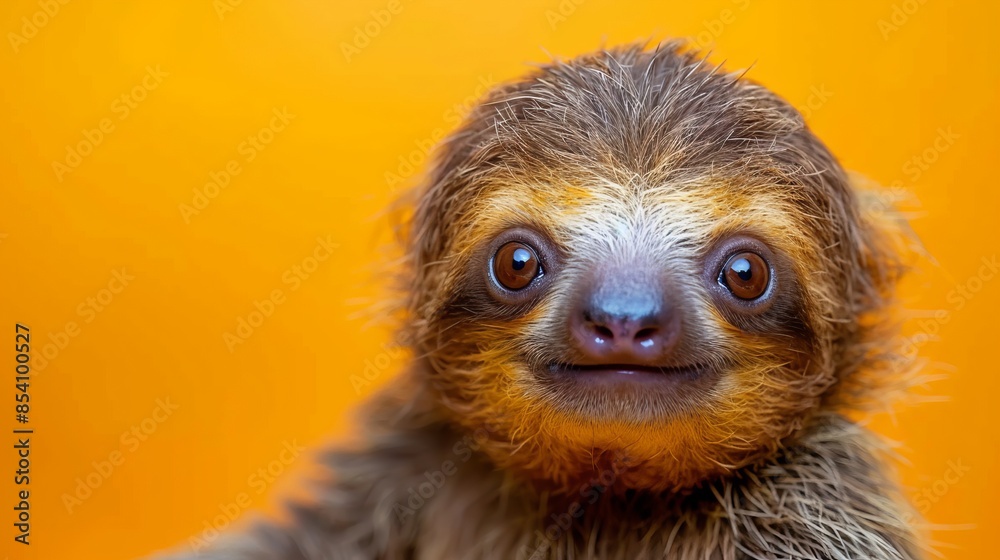A tight shot of a small sloth - brown and white hued - smiling directly at the camera A tight shot of a small sloth - brown and white hued - smiling directly at the camera