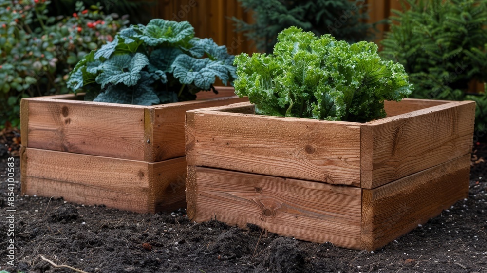 Two wooden planters nestled side by side atop a mound of soil in a garden Two wooden planters nestled side by side atop a mound of soil in a garden