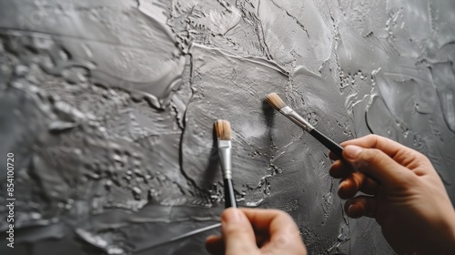  A person closely holds a brush and a paintbrush in front of a metaled surface, adorned with water droplets photo