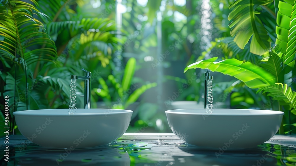 Two white bowls placed side by side on a table before a verdant forest Two white bowls placed side by side on a table before a verdant forest