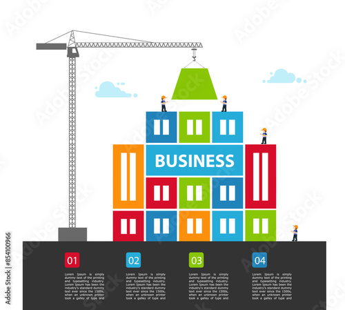 Tower crane made of colored blocks builds city. concept of building success. Vector Illustration in modern flat style.