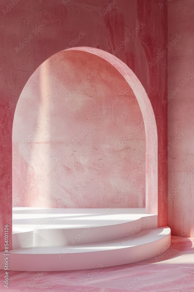 A cozy pink room with a white platform in the center, ideal for decoration or lifestyle photography A cozy pink room with a white platform in the center, ideal for decoration or lifestyle photography