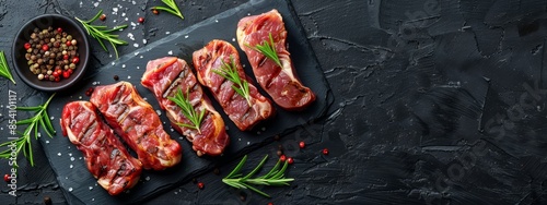  Slicened raw meat on a slate board with herbs, peppercorns, and peppercorn flakes or Raw meat slices on a slate board garn photo