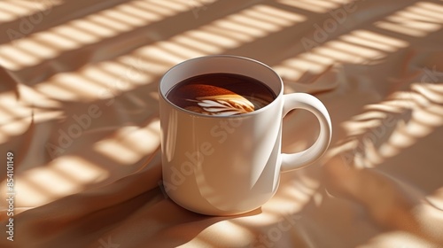  A cup of coffee on a table, nearby, a sunshadow on the tablecloth photo